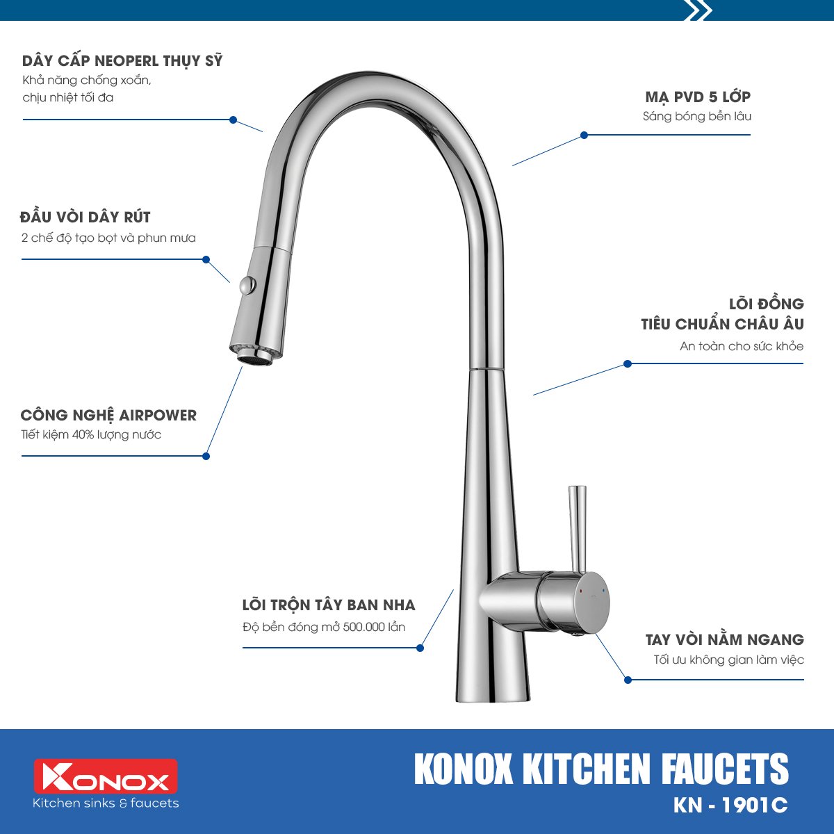 Vòi rửa bát dây rút Konox KN1901C