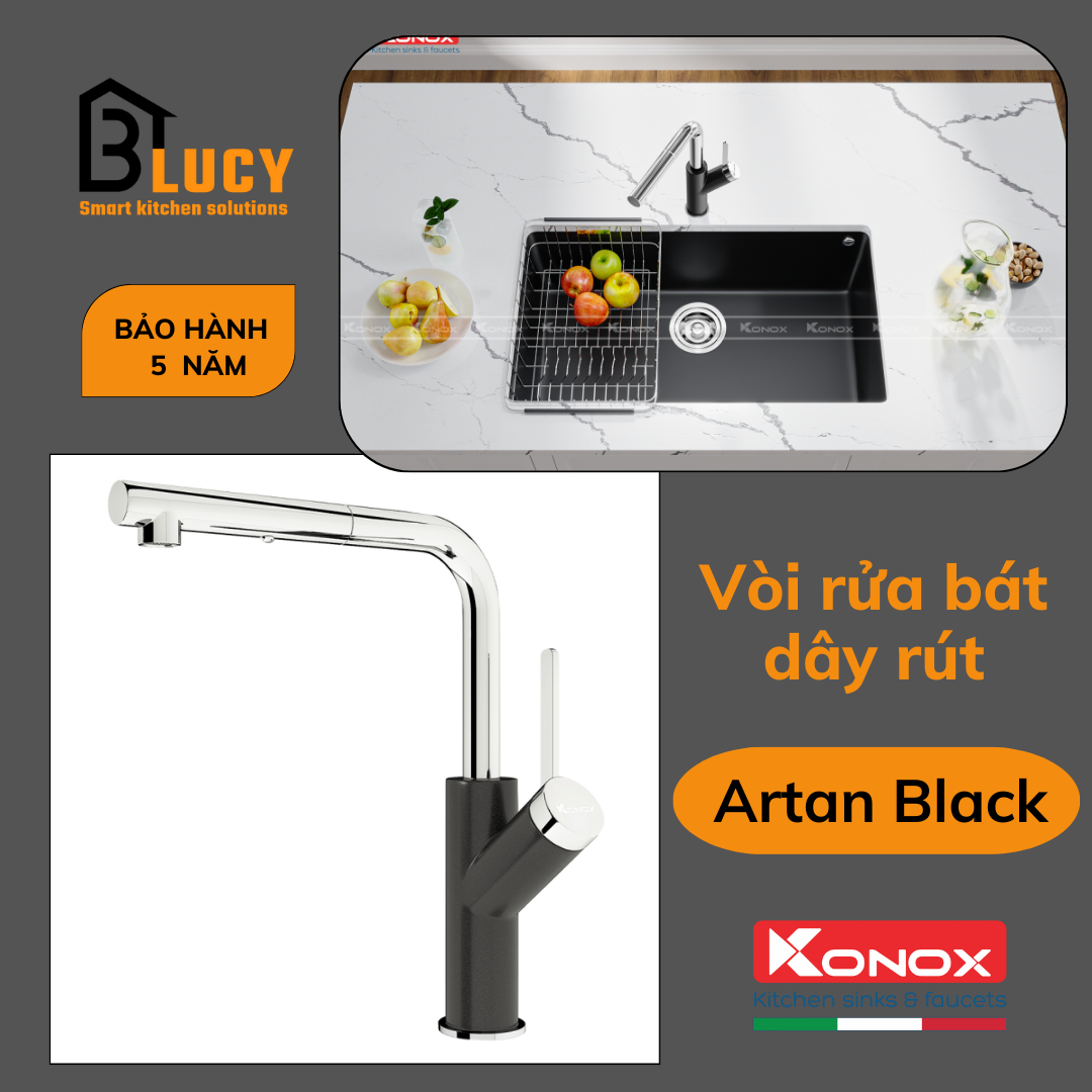 Vòi rửa bát dây rút Konox Artan Black