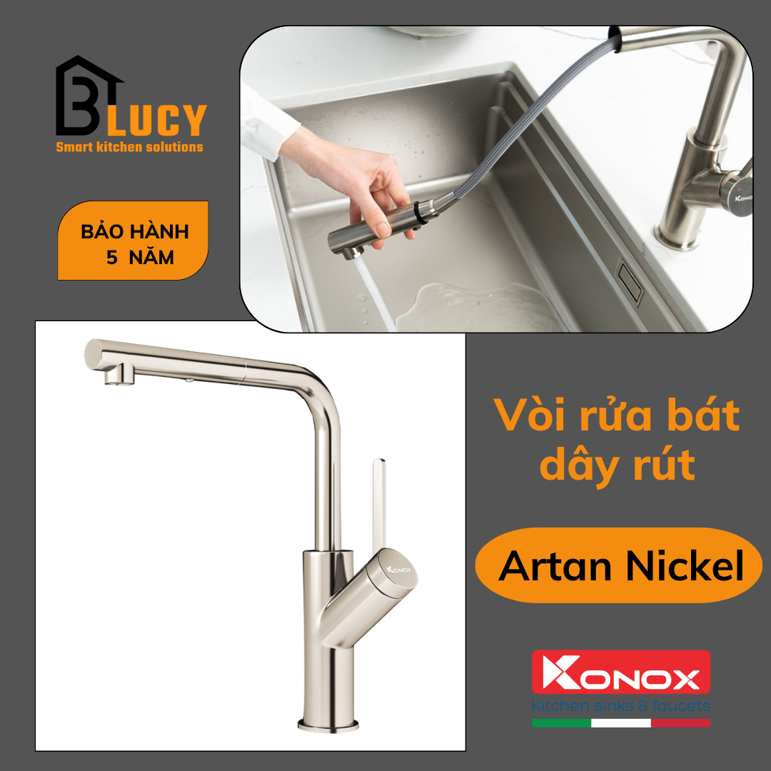 Vòi rửa bát dây rút Konox Artan Nickel