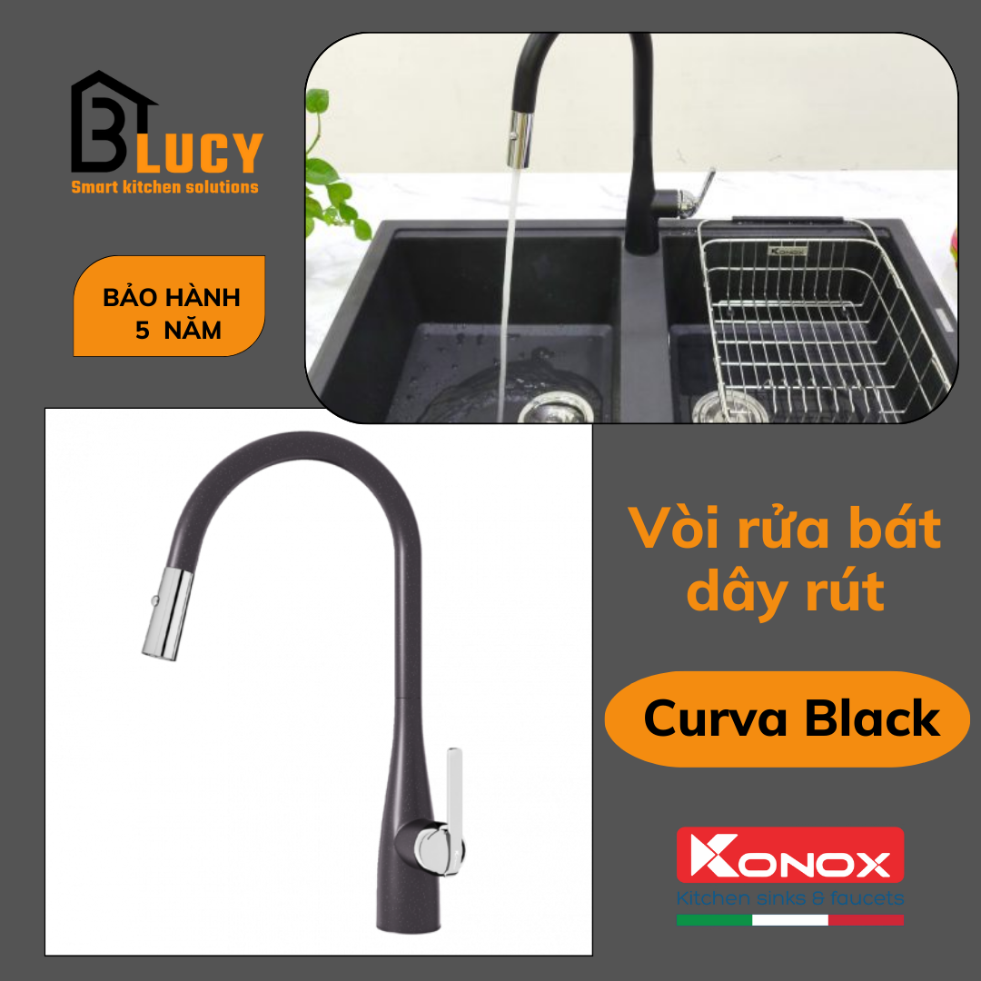 Vòi rửa bát dây rút Konox Curva Black