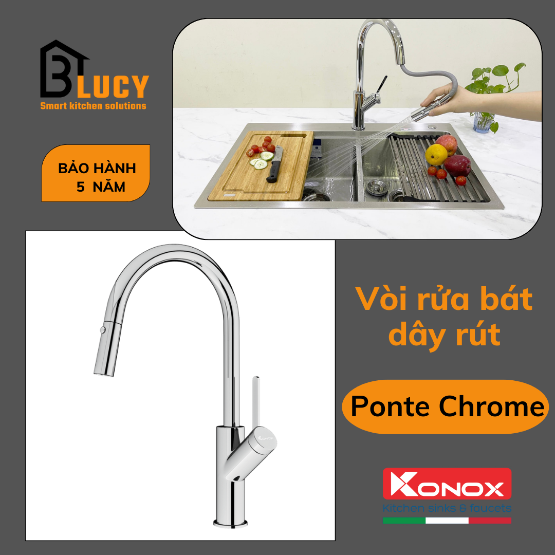 Vòi rửa bát dây rút Konox Ponte Chrome